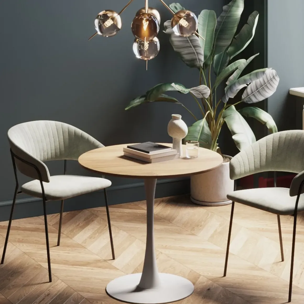 Bord Schickeria Ø80cm - Ek Faner/Vit Trumpetfot - KARE Design