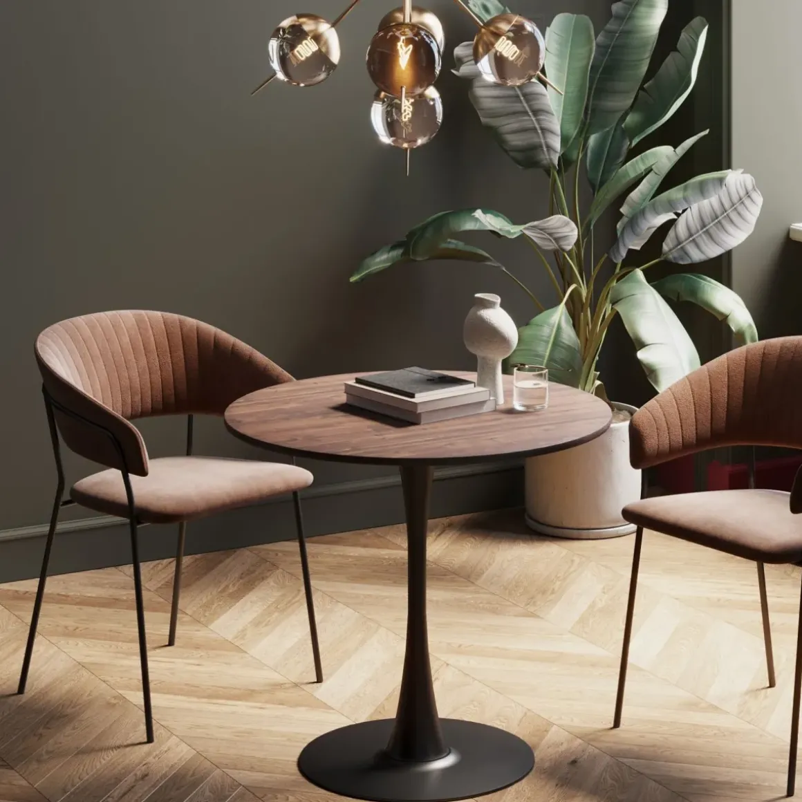 Bord Schickeria Ø80cm - Valnöt Faner/Svart Trumpetfot - KARE Design