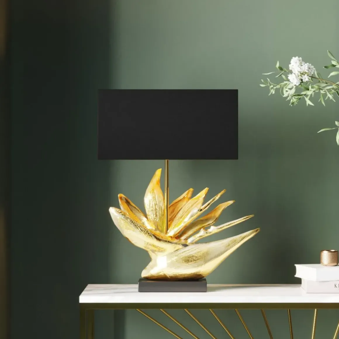 Bordslampa Tropical Flower - Rektangulär Guld/ Svart Skärm - KARE Design