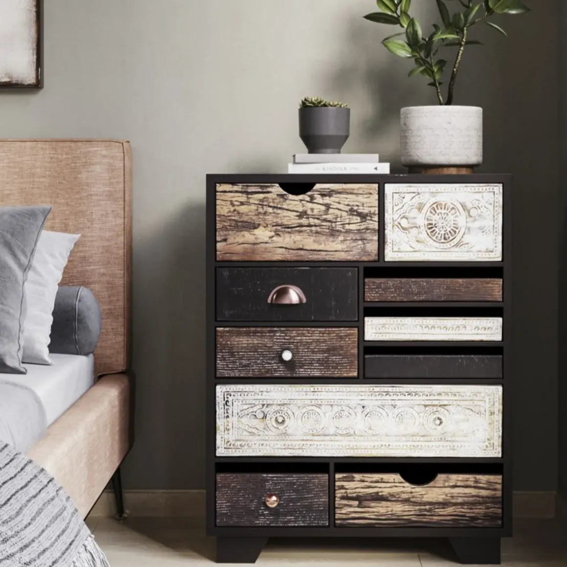 Byrå Finca - Rustik Patina i Ljust och Mörkt Trä, 10 lådor - KARE Design