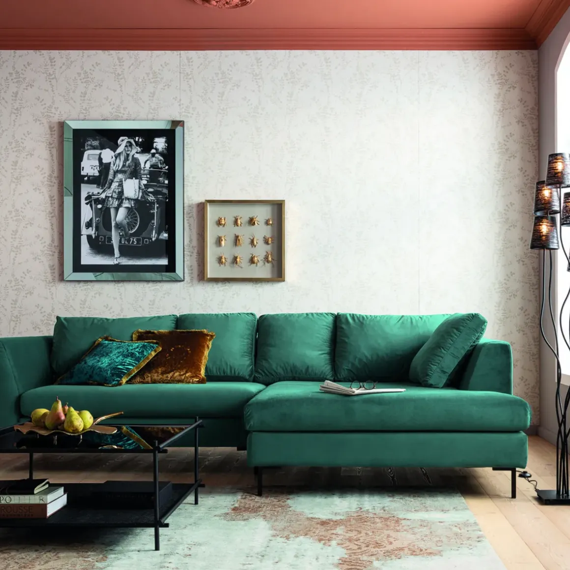 Hörnsoffa Gianni - Mörkgrön Sammet/Svart Vänster, 290x167cm - KARE Design