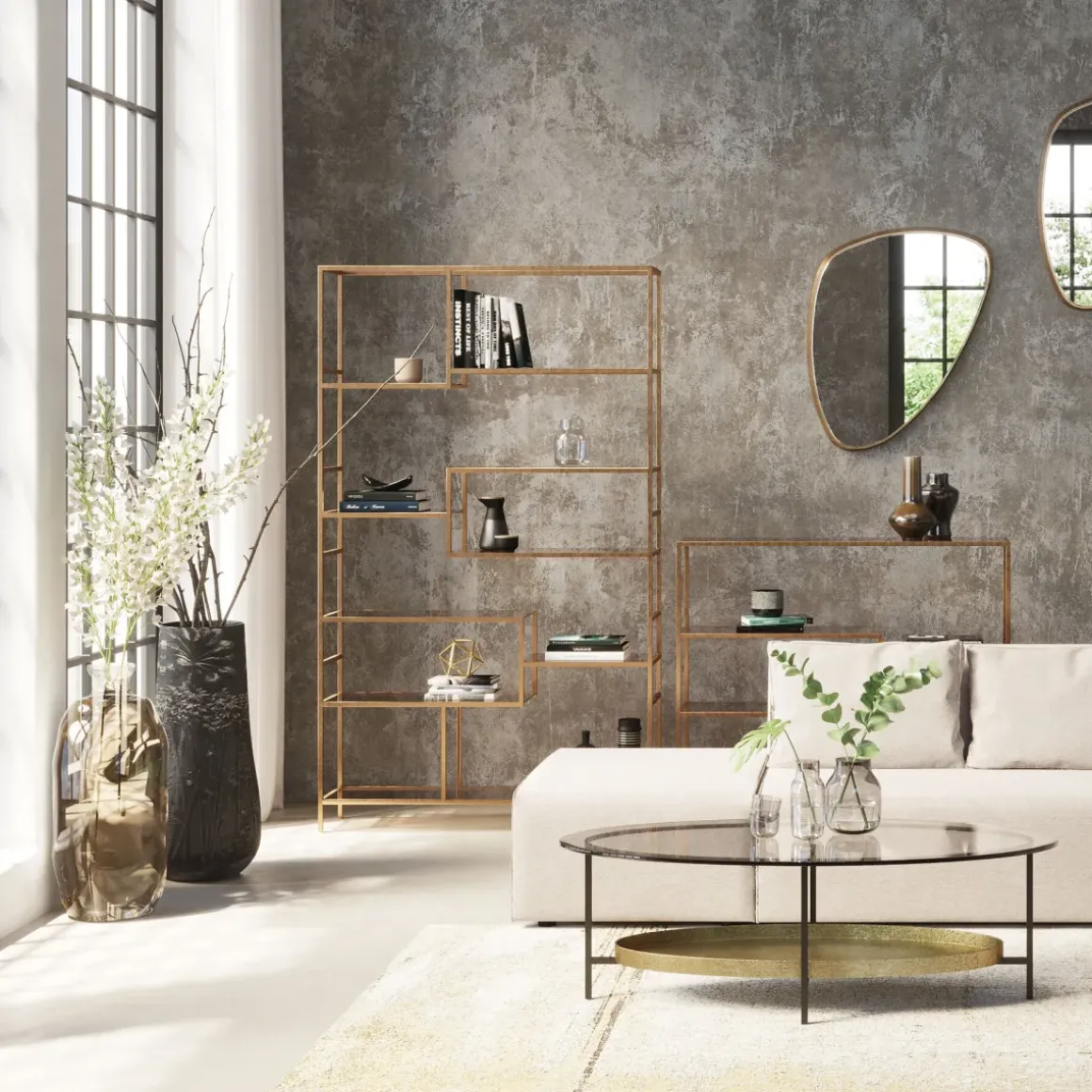 Hylla Loft - Öppen Bokhylla i Guld/Glas, 195x115cm - KARE Design