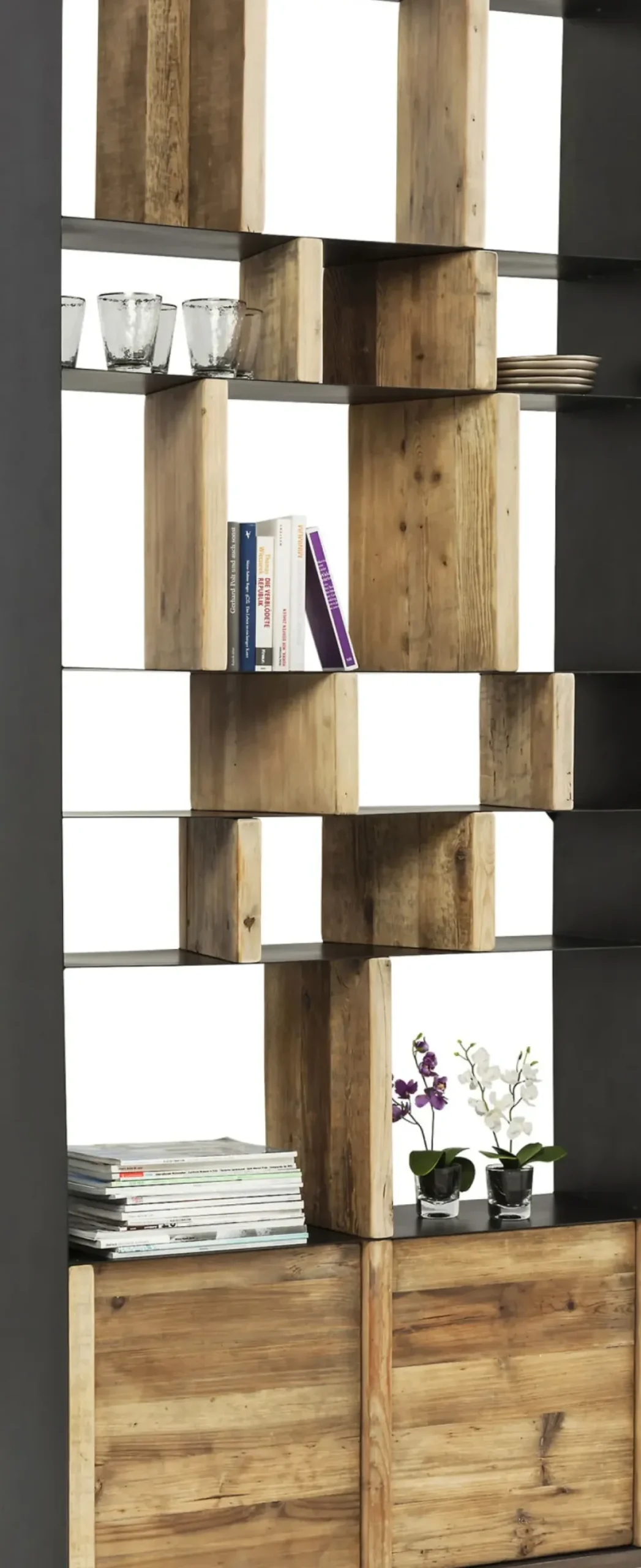 Hylla Storm - Öppen Bokhylla med Skåp Trä/ Svart Stål, 234x100cm - KARE Design