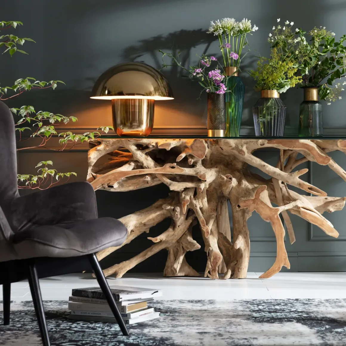 Konsolbord Roots - Underrede Rot/Bordsskiva Glas, 80x150cm - KARE Design