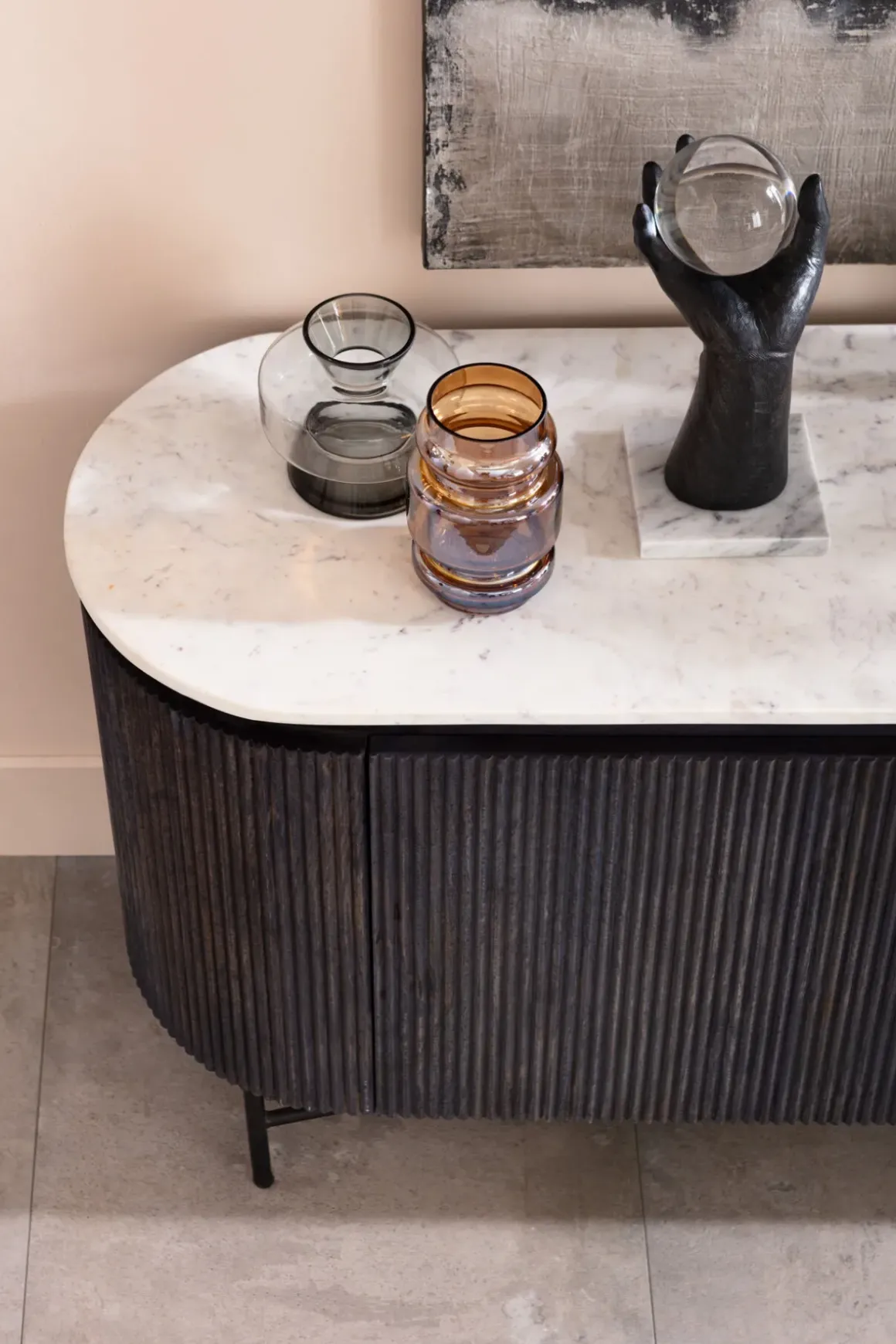 Sideboard Glenn - Mörkgrå Trästruktur/ Marmor, 75x160cm - KARE Design