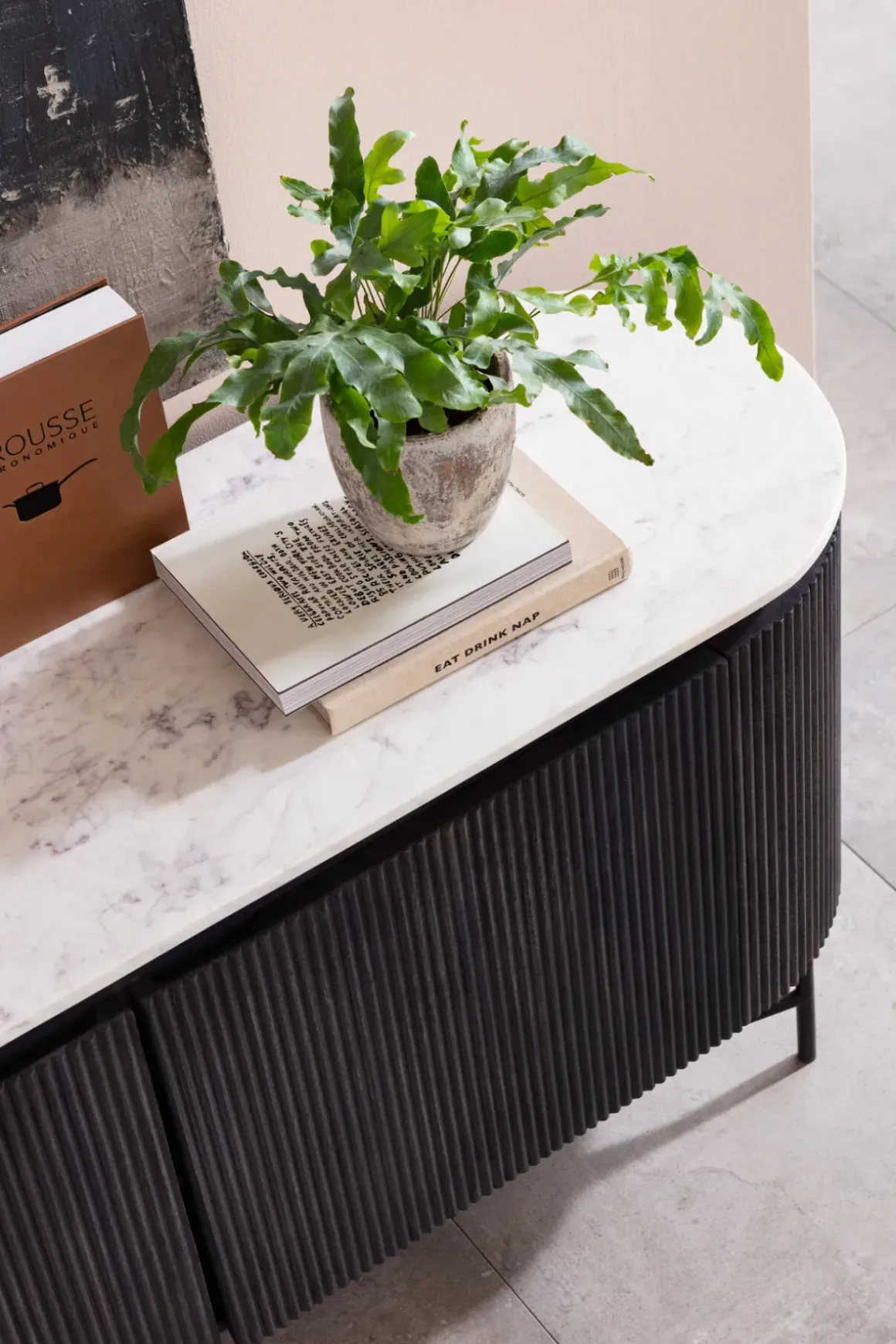 Sideboard Glenn - Mörkgrå Trästruktur/ Marmor, 75x160cm - KARE Design