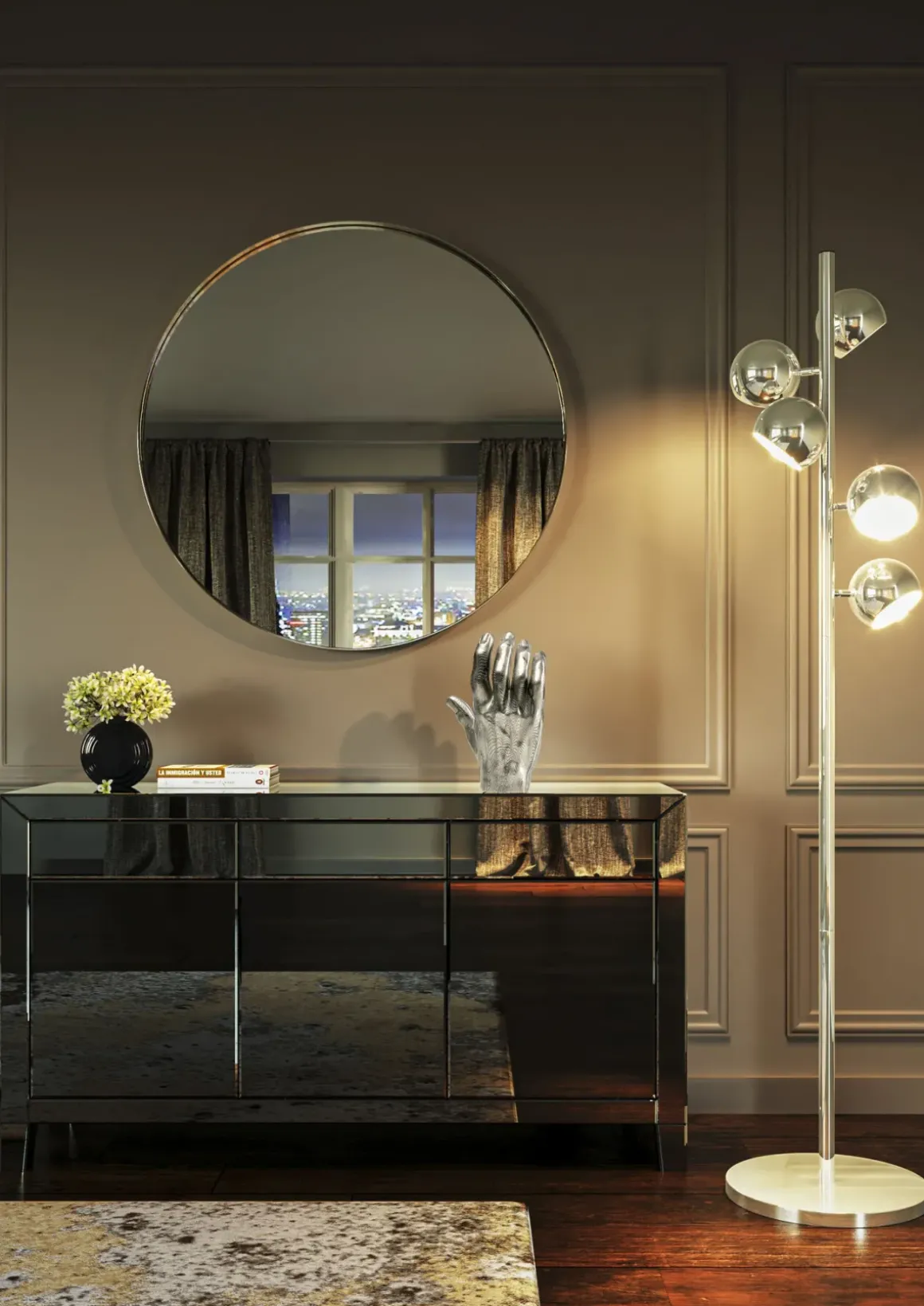 Sideboard Luxury - Grå Spegelglas 3 Dörrar/3 Lådor, 77x140,5cm - KARE Design