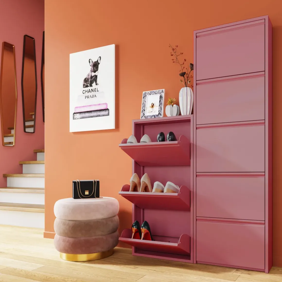 Skoskåp Caruso - Rosa, 170x50cm - 5 lådor - KARE Design