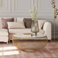 Soffbord Cesta Gold - Runt bord i Guldfinish/Marmor Ø100cm - KARE Design