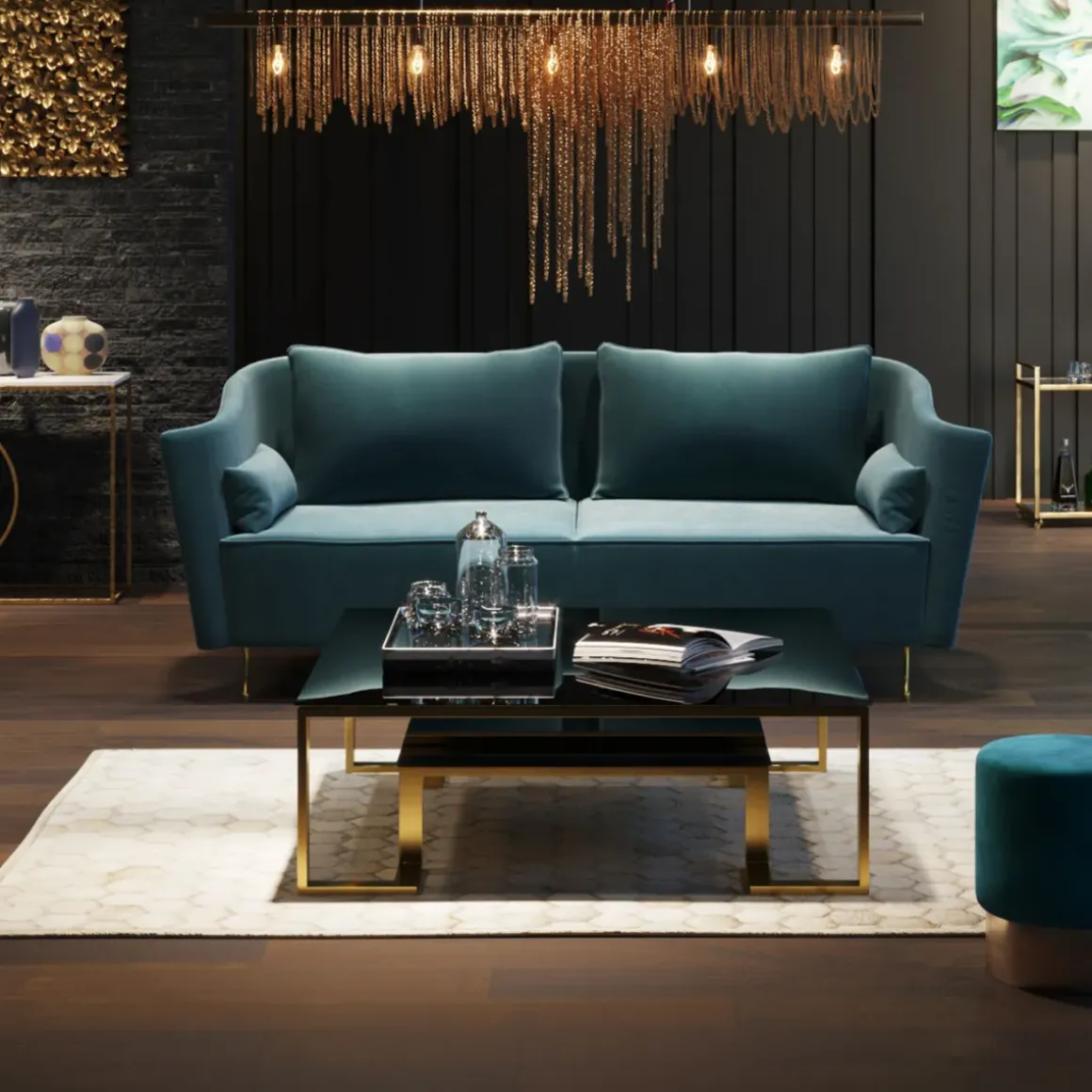 Soffbord Gold Rush - Glasbord med Hylla, 120x120cm - KARE Design
