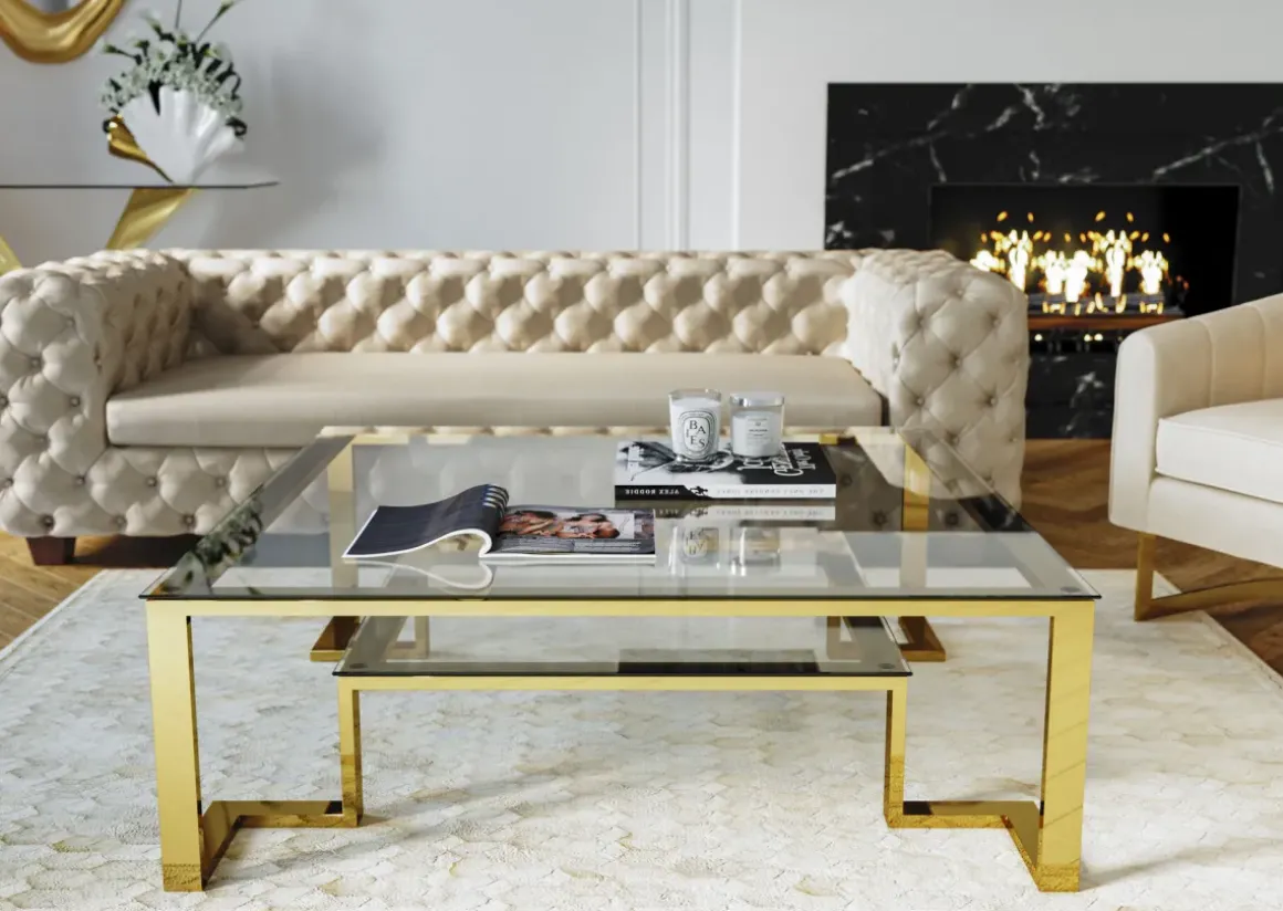 Soffbord Gold Rush - Glasbord med Hylla, 120x120cm - KARE Design