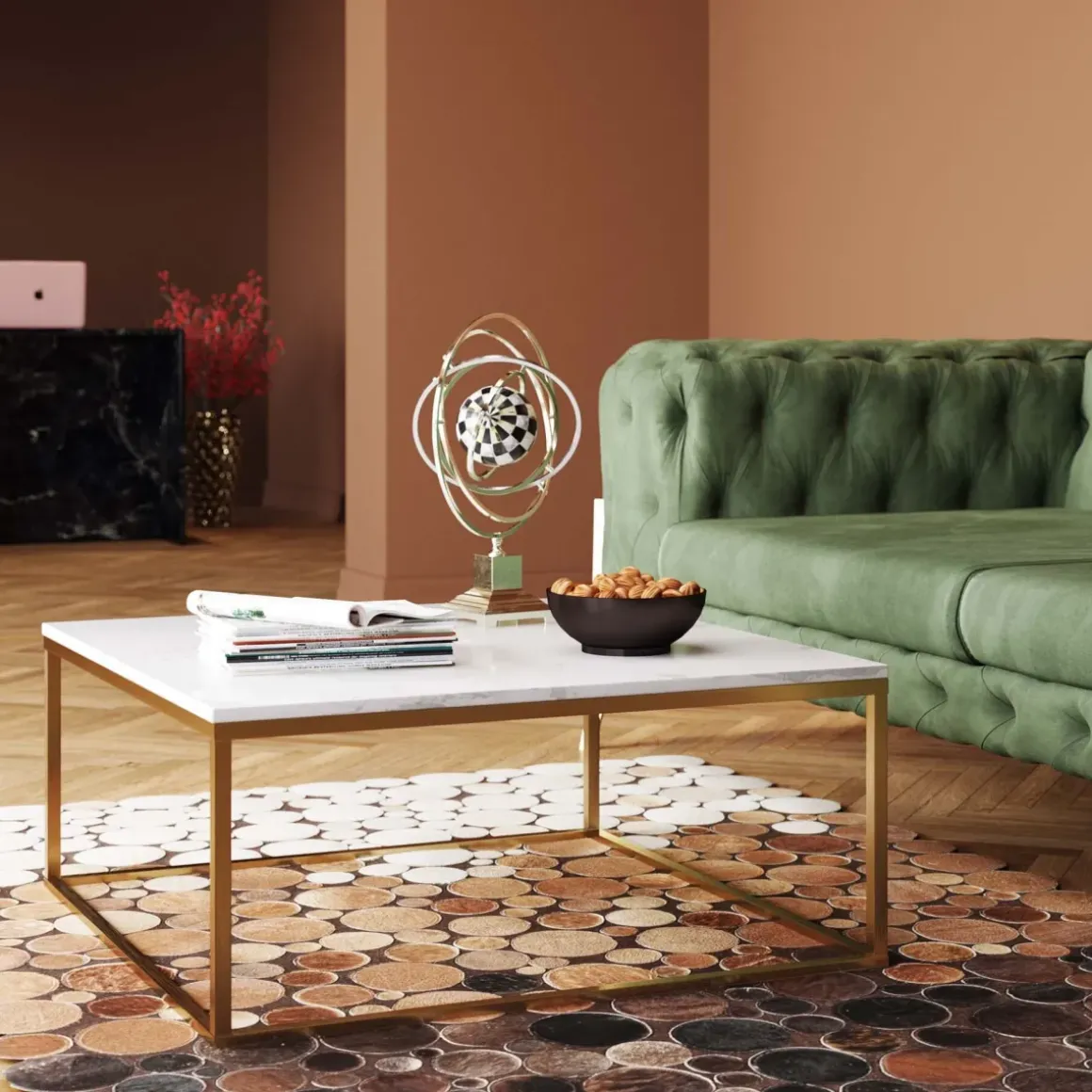 Soffbord Key West - Vit Marmor/Guld, 90x90cm - KARE Design