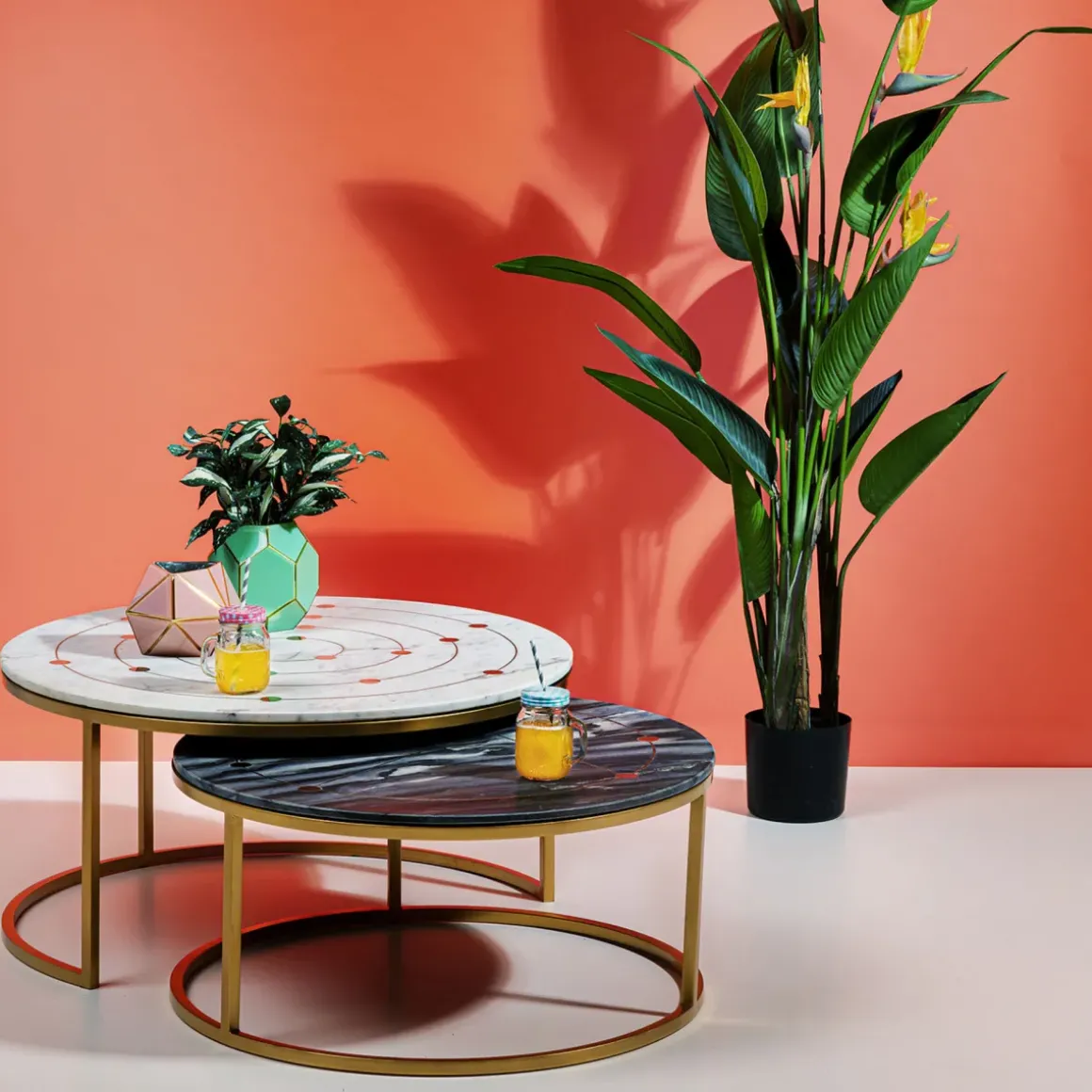 Soffbord Mystic Round - Marmor/Mässing Set med 2 Bord Ø90/80cm - KARE Design
