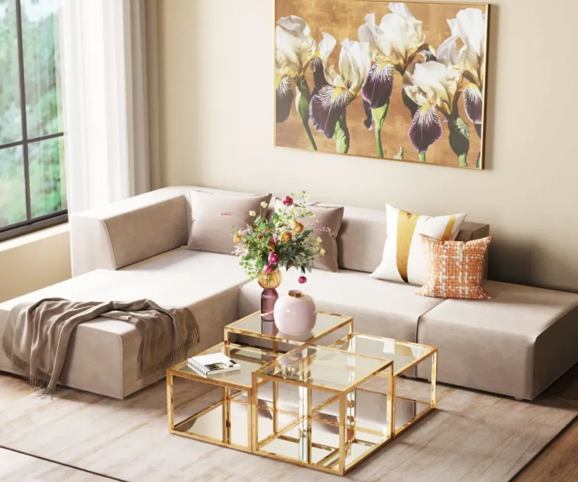 Soffbord Orion - Set med 4 Bord i Guld/Glas, 100x100cm - KARE Design