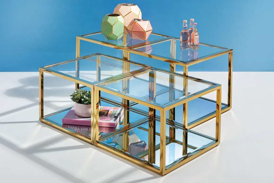 Soffbord Orion - Set med 4 Bord i Guld/Glas, 100x100cm - KARE Design