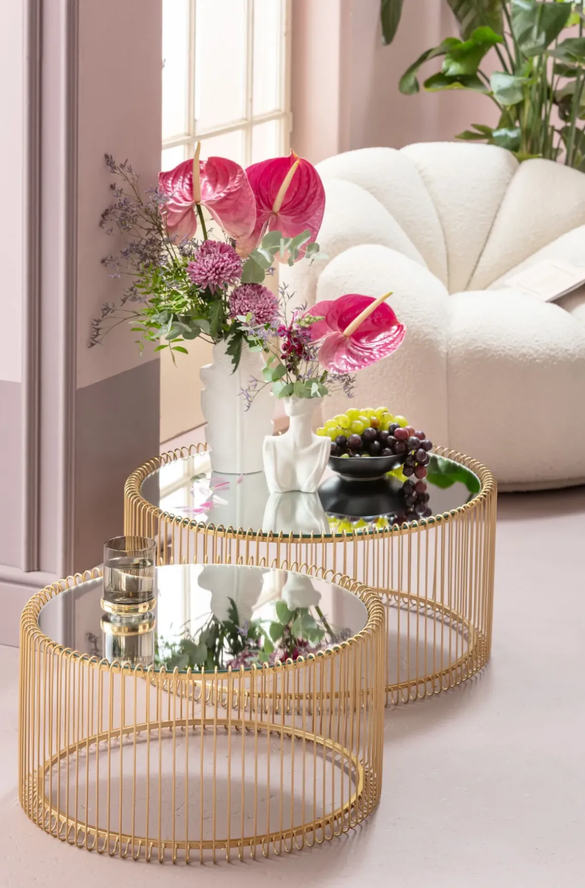 Soffbord Wire Rund - Set med 2 Bord Mässing/Spegelglas, Ø69/60cm - KARE Design