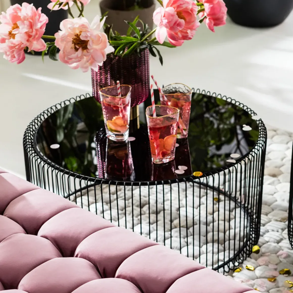 Soffbord Wire Rund - Set med 2 Svarta Bord/Svart Glas, Ø69/60cm - KARE Design