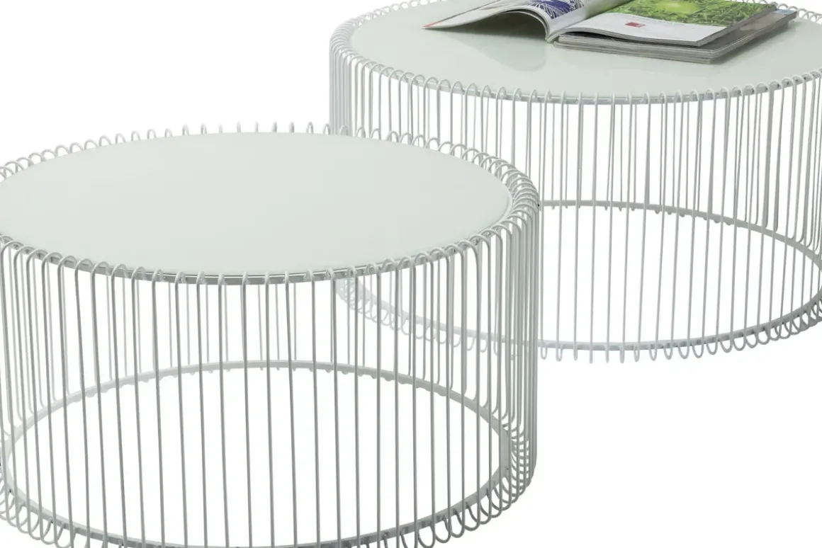 Soffbord Wire - Set med 2 Vita Bord/Vittglas, Ø69/60cm - KARE Design