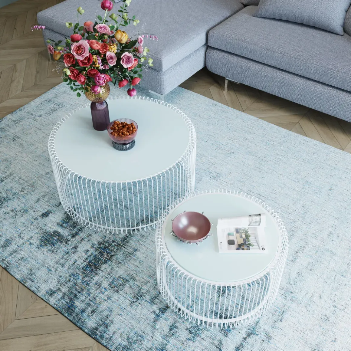 Soffbord Wire - Set med 2 Vita Bord/Vittglas, Ø69/60cm - KARE Design