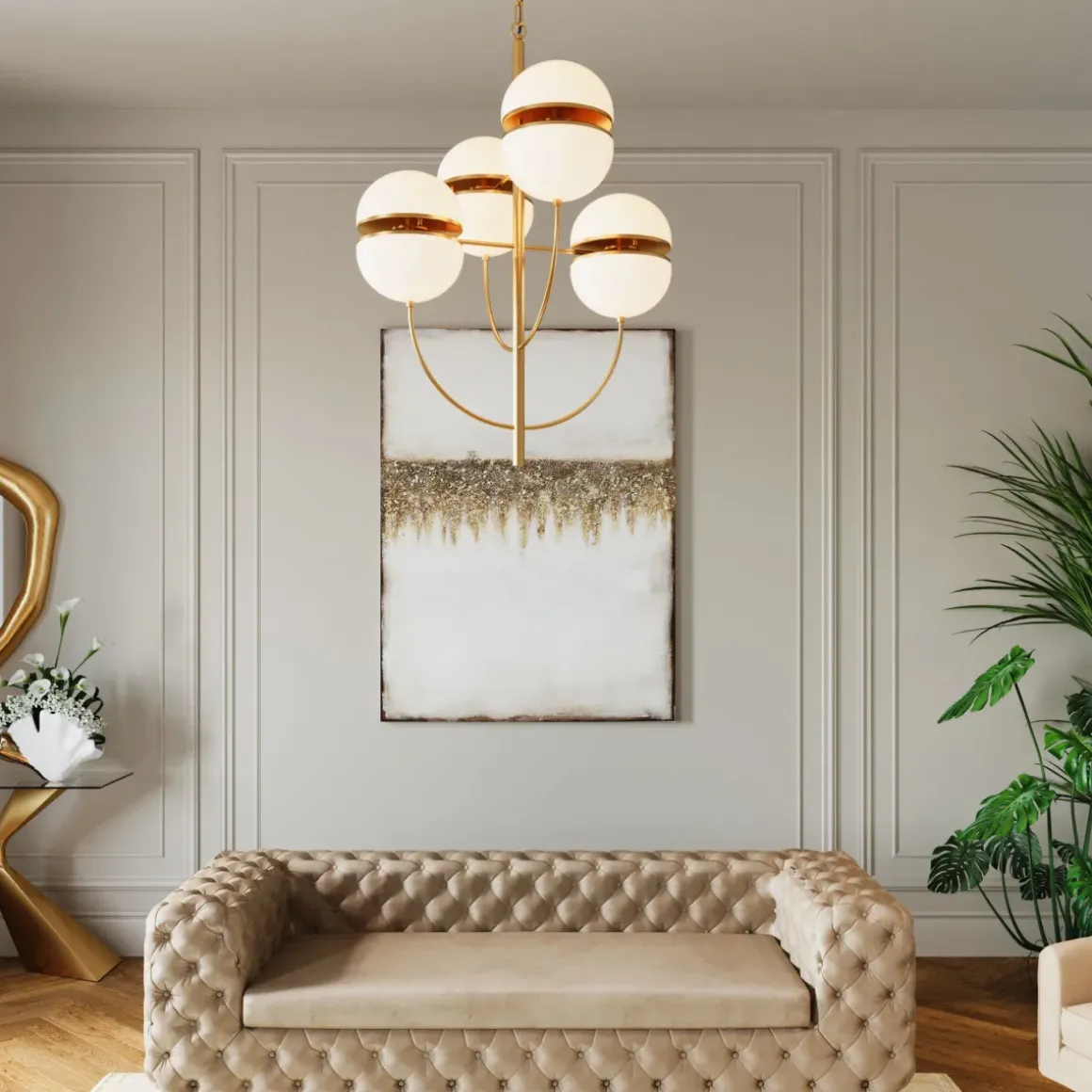 Taklampa Leisha - Mässing/Opalfärgat Glas, 4 Klot - KARE Design